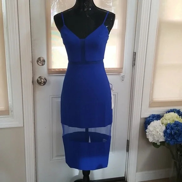 NWT! Dress The Population Micaela Electric Blue 💙 Sheer Inset Body-Con Dress XS - Picture 2 of 16